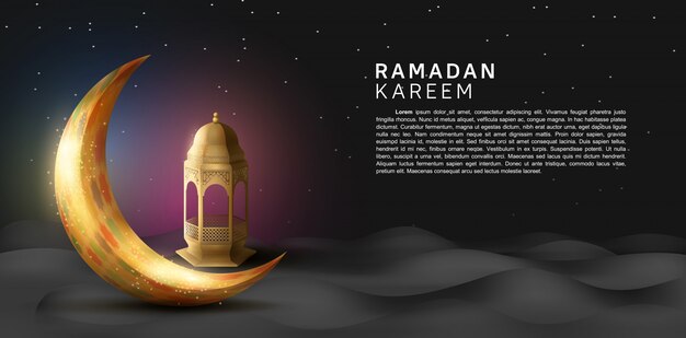 Ramadan kareem disegna per la celebrazione del santo ramadan premium con luna dorata e lanterna sullo sfondo del deserto notturno