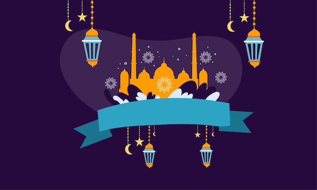 Vector ramadan kareem eid-al fitr poster sjabloon met ornament lettern en moskee vector achtergrondontwerp