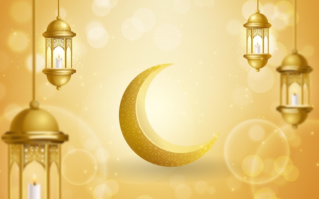 Vector ramadan kareem or eid mubarak arabic calligraphy with moon, islamic ornament, lantern banner