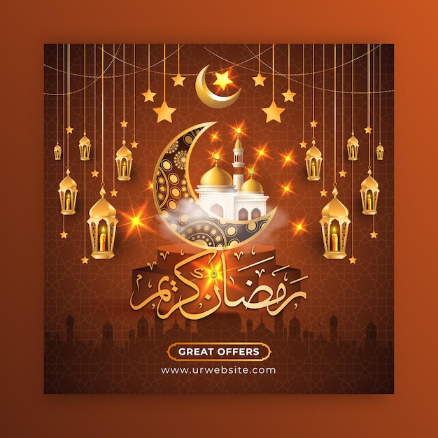 Ramadan kareem eid mubarak background and social media with stars moon and hanging lantern