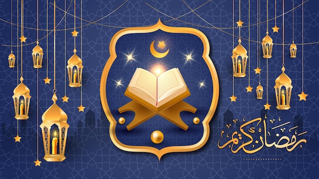 Ramadan kareem eid mubarak background with al quran stars and moon