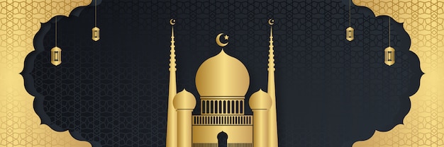 Vector ramadan kareem or eid mubarak banner with crescent and mosque