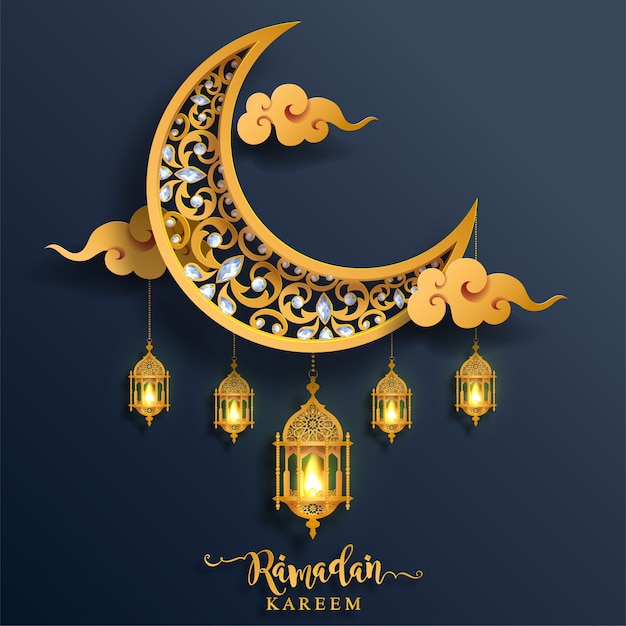 Vector ramadan kareem or eid mubarak  greeting background islamic with gold patterned and crystals on paper color background.