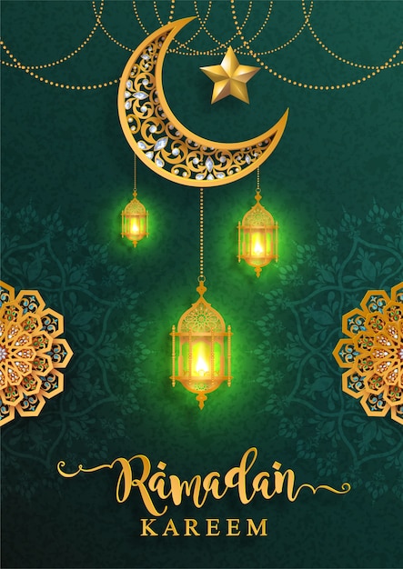 Ramadan Kareem or Eid mubarak  greeting background Islamic with gold patterned and crystals on paper color background.