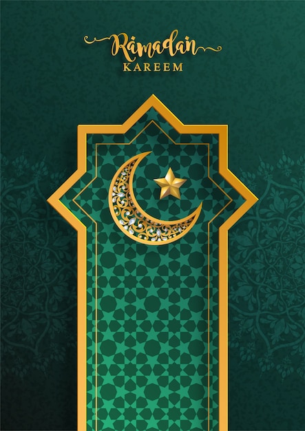 Ramadan Kareem or Eid mubarak  greeting background Islamic with gold patterned and crystals on paper color background.