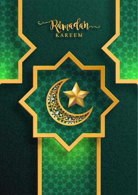 Vector ramadan kareem or eid mubarak  greeting background islamic with gold patterned and crystals on paper color background.