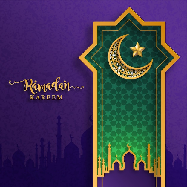 Ramadan Kareem or Eid mubarak  greeting background Islamic with gold patterned and crystals on paper color background.