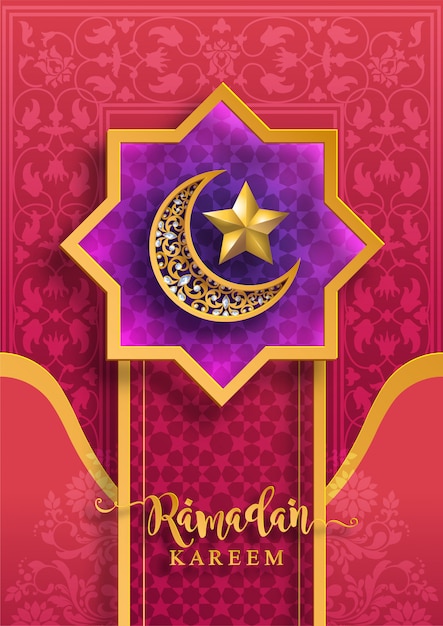 Vettore ramadan kareem o eid mubarak saluto sfondo islamico con fantasia oro e cristalli su sfondo di colore di carta.