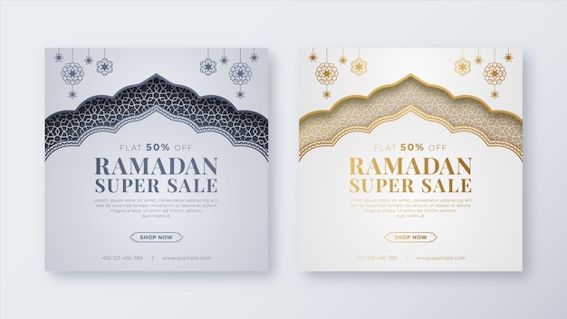 Ramadan Kareem Eid Sale Banner Template Design in Islamic Arabic Style with Luxury Golden Ornaments