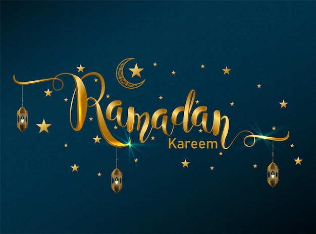 Ramadan Kareem Engelse kalligrafietekst met lantaarns maanster 3d-look