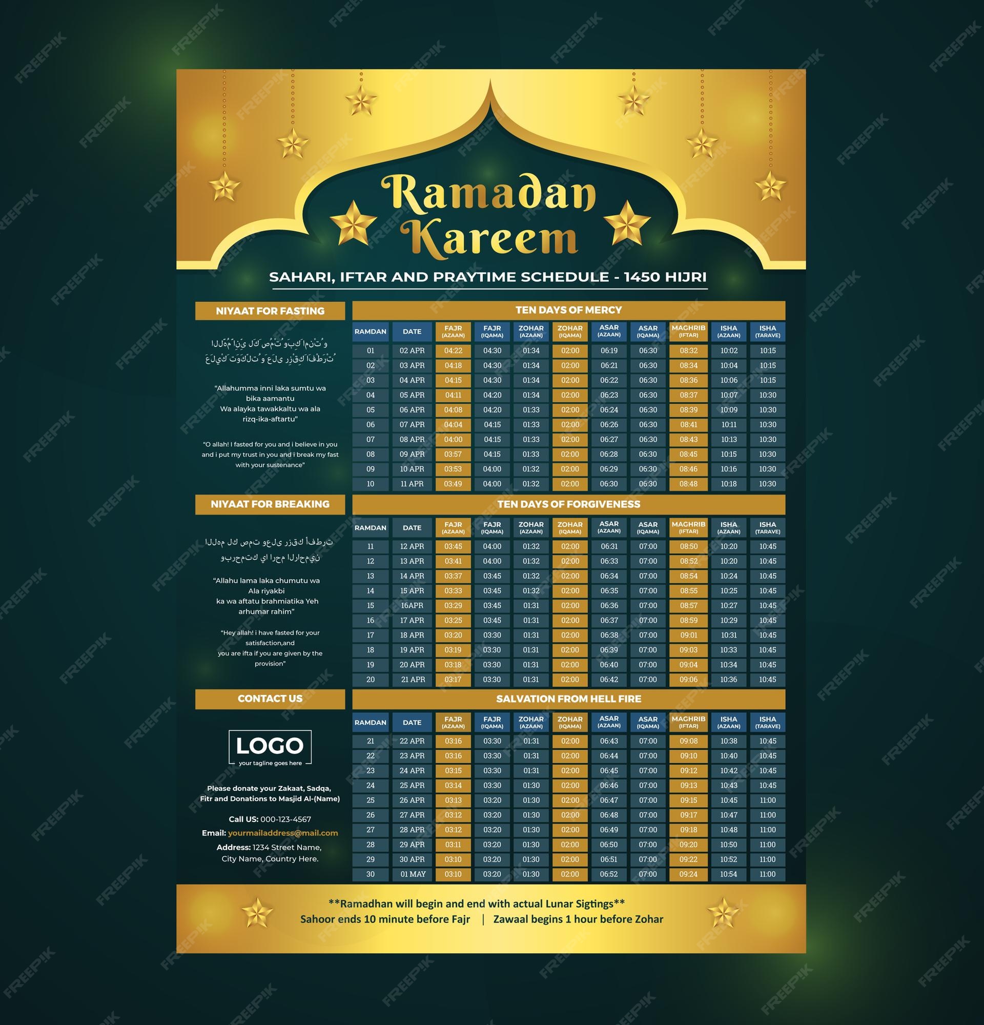 Premium | Ramadan fasting and prayer time guide ramadan calendar design template and sehri