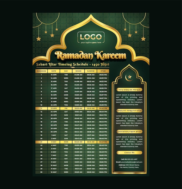 Vector ramadan kareem fasting and prayer time guide ramadan calendar design template iftar and sehri