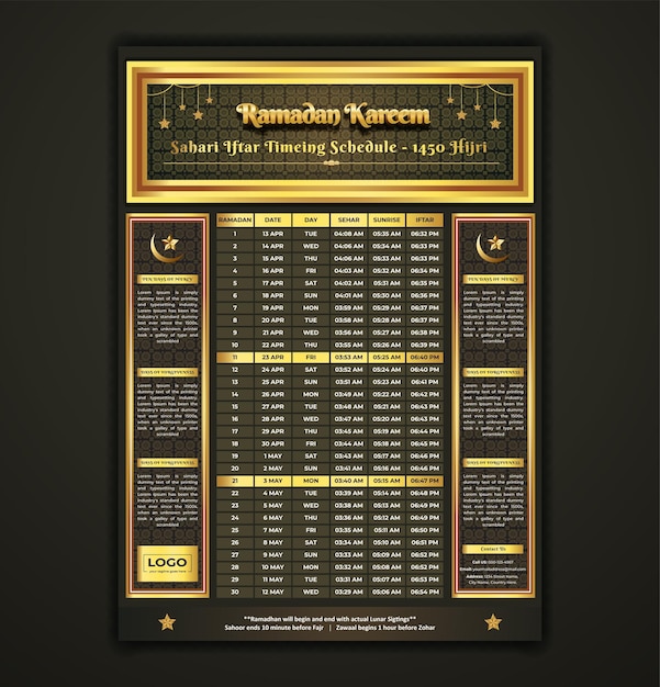 Vector ramadan kareem fasting and prayer time guide ramadan calendar design template iftar and sehri