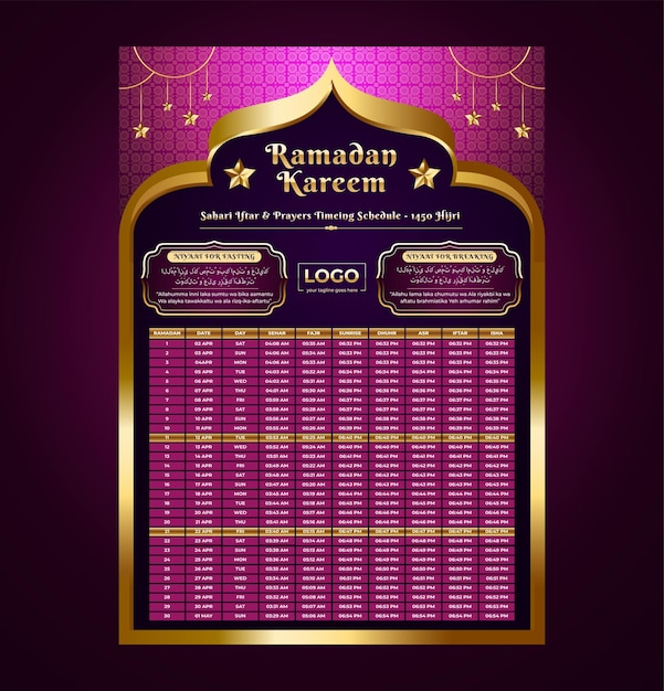 Vector ramadan kareem fasting and prayer time guide ramadan calendar design template iftar and sehri