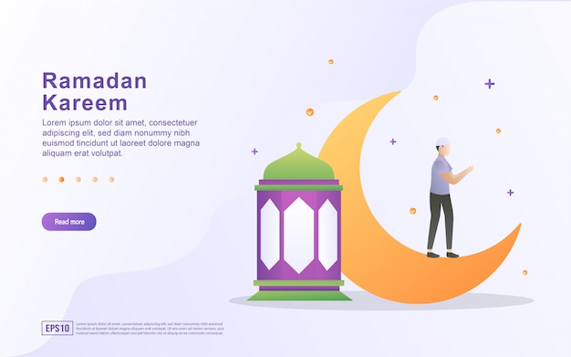 Ramadan kareem flat design concept. people welcome ramadan happily. welcoming the holy month of ramadan. muslims worship in mosques.