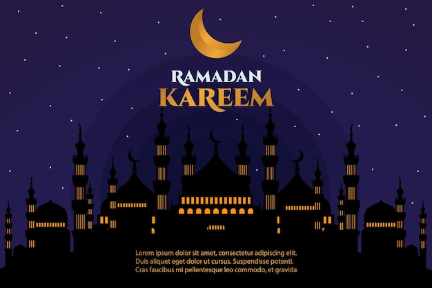 Ramadan kareem flat mosque moon night gold light