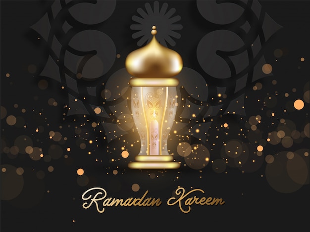 Ramadan Kareem Font with Golden Illuminated Lantern and Bokeh Light Effect on Black Background.