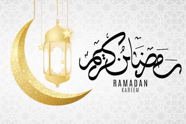 Carta regalo ramadan kareem. luna d'oro con lanterna sospesa e stelle.