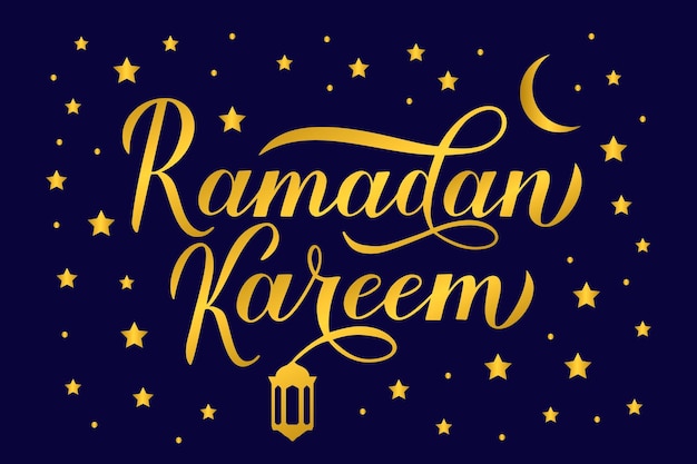 Ramadan Kareem gold calligraphy lettering on dark blue background Muslim holy month typography poster Islamic traditional vector illustration Template for banner greeting card flyer invitation