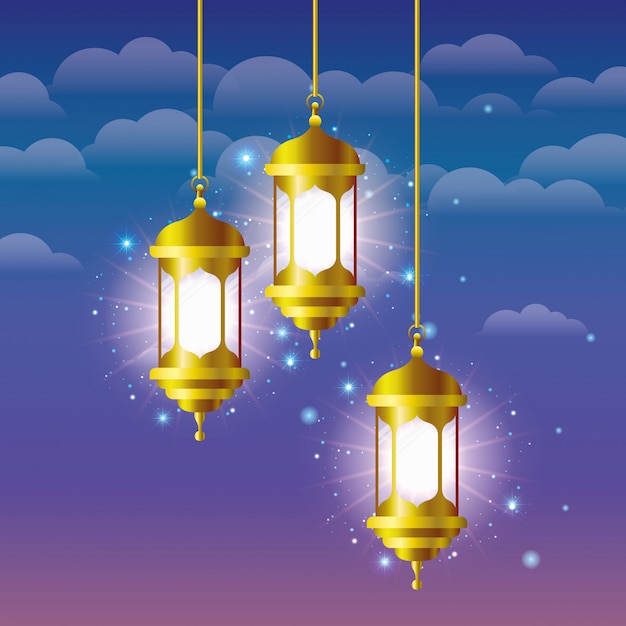 Ramadan kareem golden lamps hanging