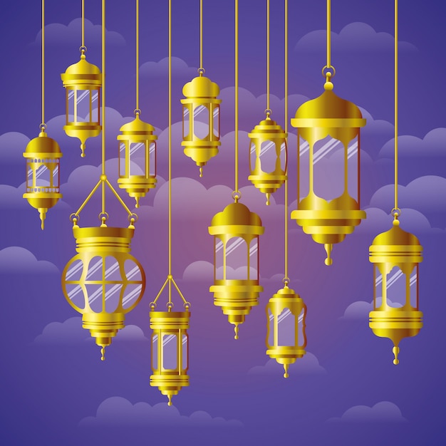 Ramadan kareem golden lamps hanging