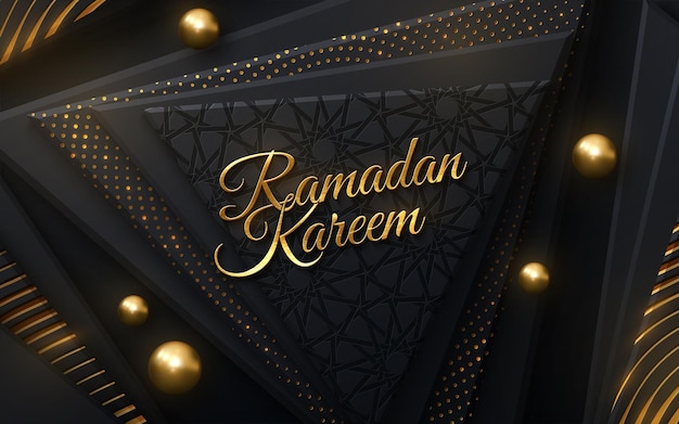 Vettore segno d'oro ramadan kareem su forme geometriche nere con motivo tradizionale girih e luccica