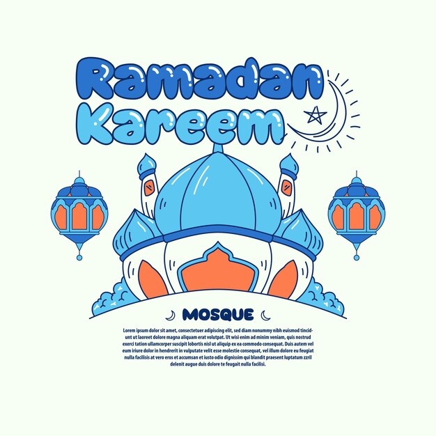 Ramadan kareem grafische witte blauwe moskee met de hand getekende vectorillustraties