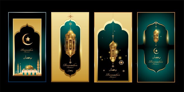 Ramadan kareem in green and gold color with lantern and mosque illustration