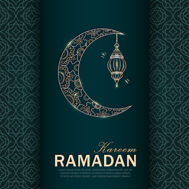 Рамадан Карим зеленая поздравительная карточка с вручную нарисованным линейным полумесяцем и блестящим арабским фонарем