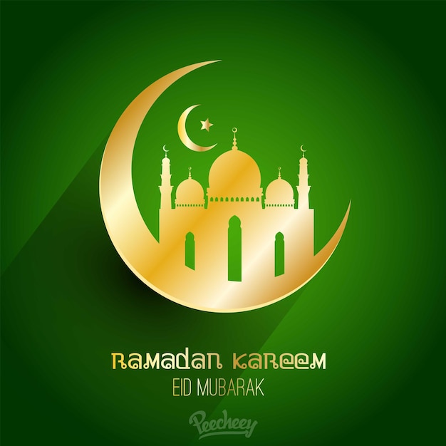 Ramadan kareem green greeting card with long shadow