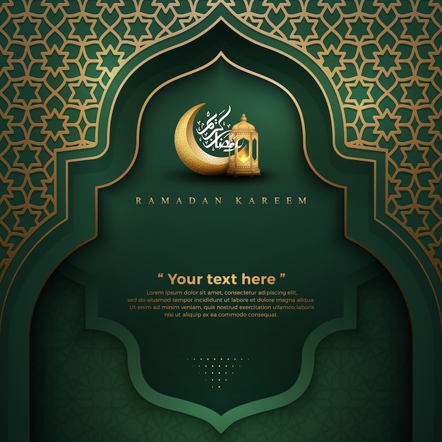 Ramadan kareem green with lanterns and crescent moon
