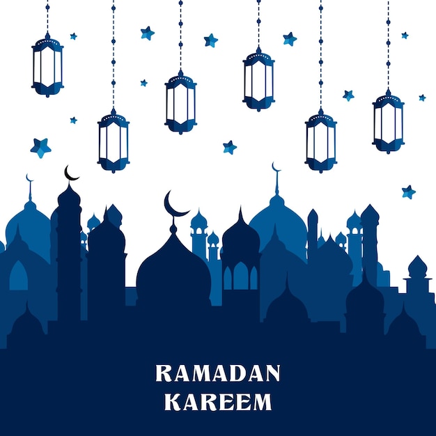 ラマダン カリーム グリーティング背景イラスト。アラビア語のモスクとランタンのベクター デザイン