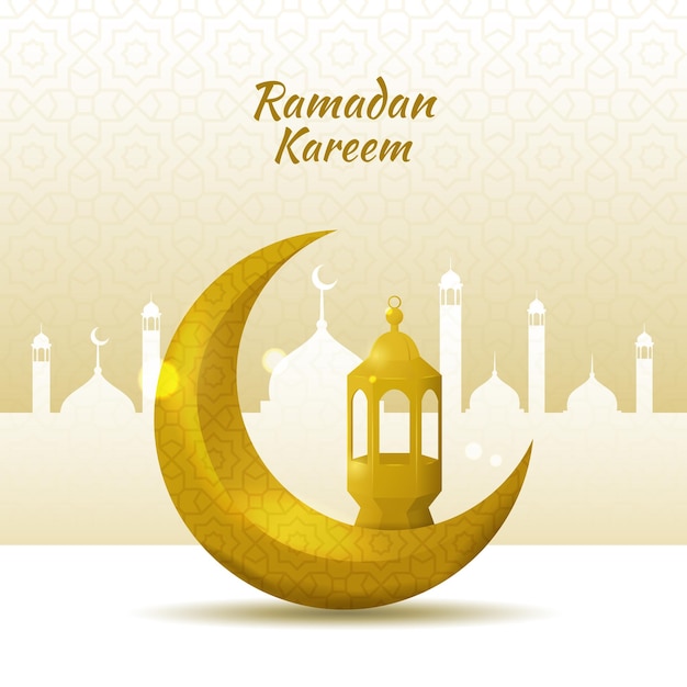 Vector ramadan kareem greeting background with gold crescent moon and lantern