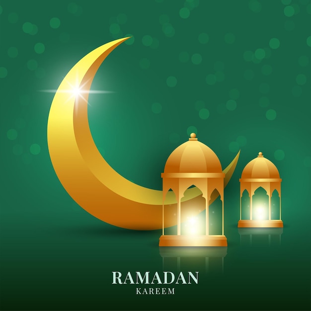 Ramadan kareem greeting background with golden lantern and crescent