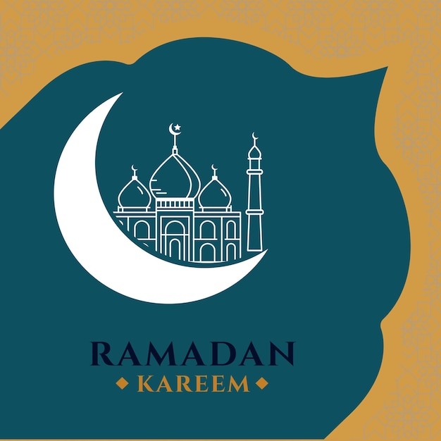 Ramadan Kareem greeting on blurred background Vector Illustration islamic design crescent moon and mosque dome silhouette with arabic pattern and calligraphy