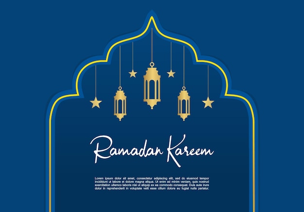 Ramadan kareem greeting card background with islamic ornaments stars and hanging lanterns on blue background