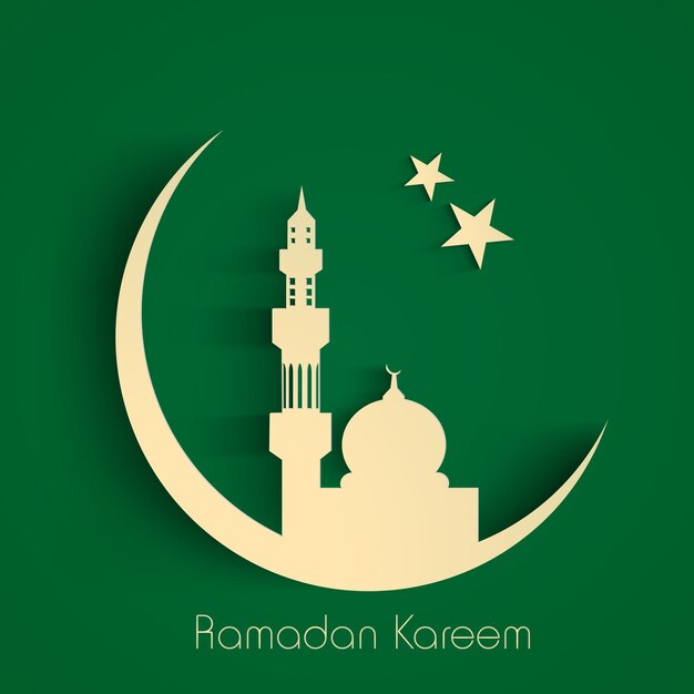 Ramadan kareem greeting card design with paper style crescent moon mosque and stars on green background