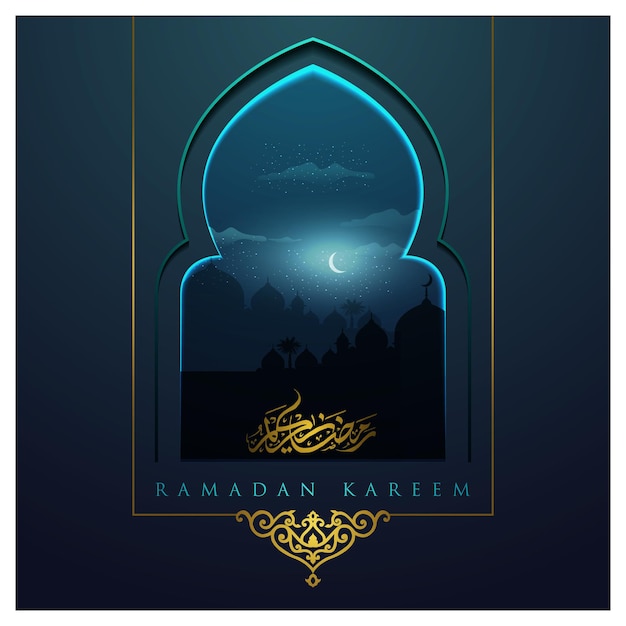 Ramadan kareem greeting card motivo floreale islamico con moschea di porte e finestre e calligrafia araba