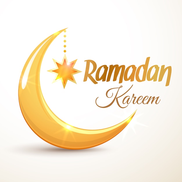 ラマダンカリームグリーティングカード。イスラムの黄金の三日月と星。イスラム教徒の聖なる月ラマダンのイラスト。