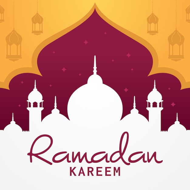 Progettazione islamica di vettore della cartolina d'auguri del ramadan kareem. illustrazione della siluetta della moschea