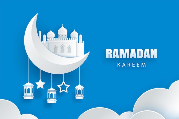 Ramadan Kareem greeting card moon and stars traditional lanterns background Eid Mubarak paper