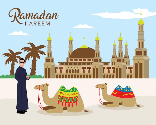 Ramadan Kareem greeting card Muslim man with camel and mosque in background Vector illustration