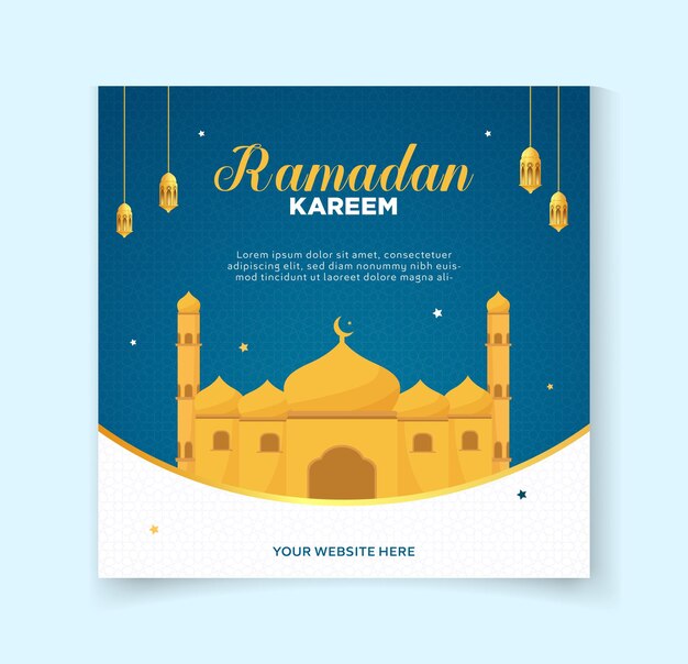 Вектор Карта поздравлений карим рамадан промоциональная продажа шаблон поста в социальных сетях с мусҷид луной и ламом