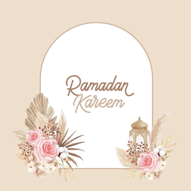 Ramadan Kareem greeting card template with beautiful rose and dry leaves