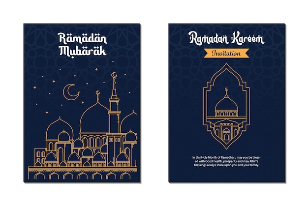 Modello di biglietto di auguri ramadan kareem con moschea e falce di luna