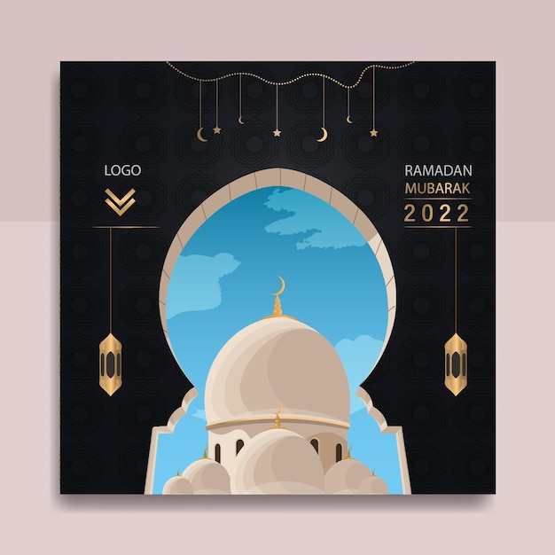 Ramadan Kareem greeting card with Arabic calligraphy background with Mosque with ramadan lantern