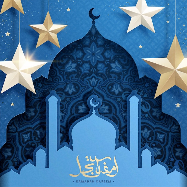 Ramadan Kareem greeting card with blue arabesque mosque in paper art style