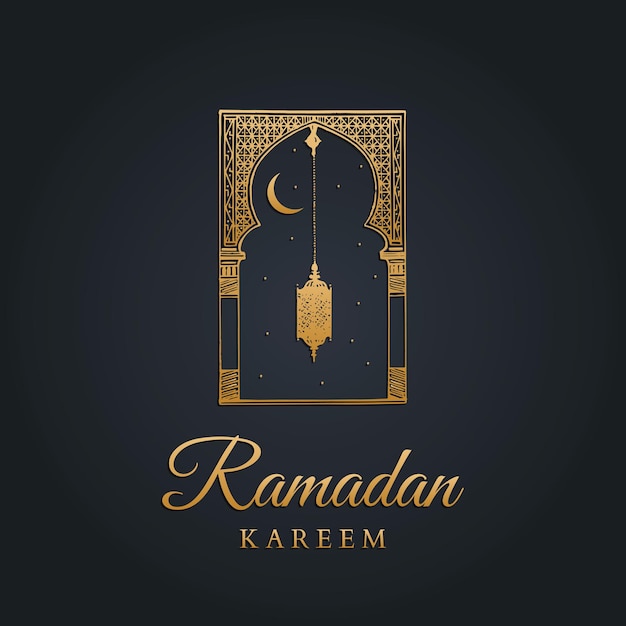 Cartolina d'auguri di ramadan kareem con calligrafia. arco orientale abbozzato a mano, lanterna, luna nuova e stelle.