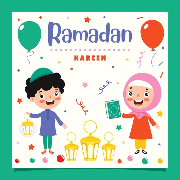 Ramadan kareem greeting card with children and festive accesories