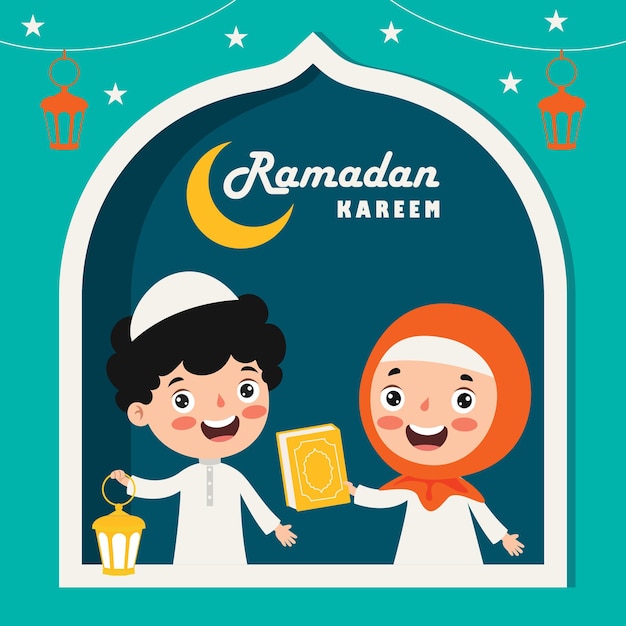 Cartolina d'auguri di ramadan kareem con bambini in una finestra, lampade e falce di luna